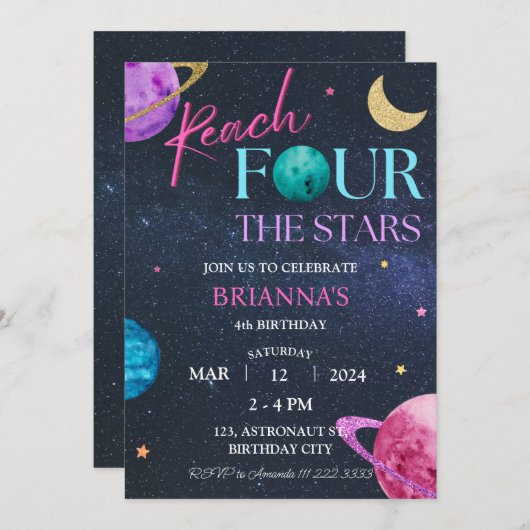 Space 4th Bereiken Vier sterren Verjaardags Meisje Kaart (Voorkant / Achterkant)