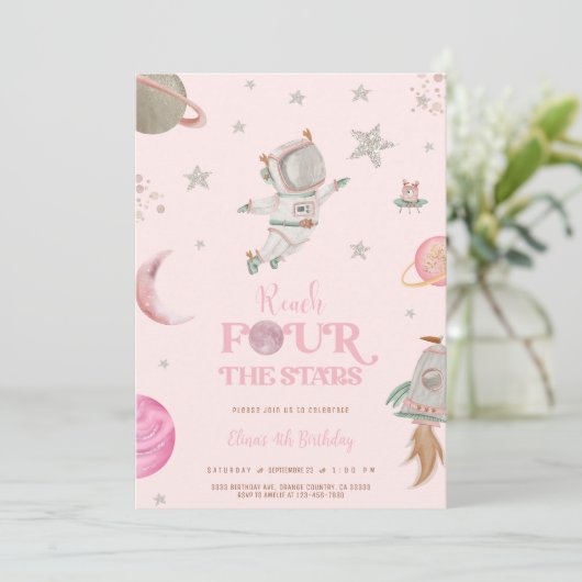 SPACE 4TH BIRTHDAY Invitation Kaart (Staand voorkant)