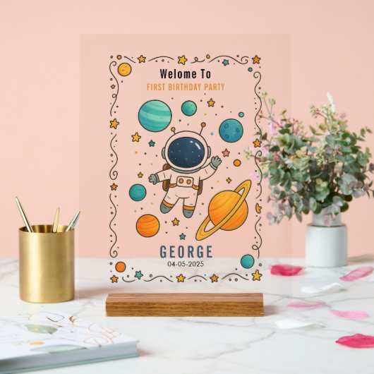 Space Adventure 1st Birthday | Outer Space Acryl Bord (Huwelijk)