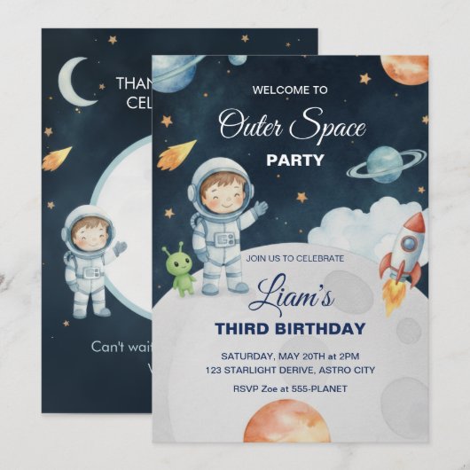 Space Adventure Astronaut Birthday Invitation Kaart (Voorkant / Achterkant)