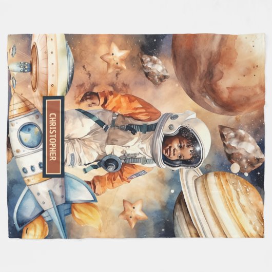 Space Adventure Deken Schattige Black Boys Gift Id (Voorkant (Horizontaal))
