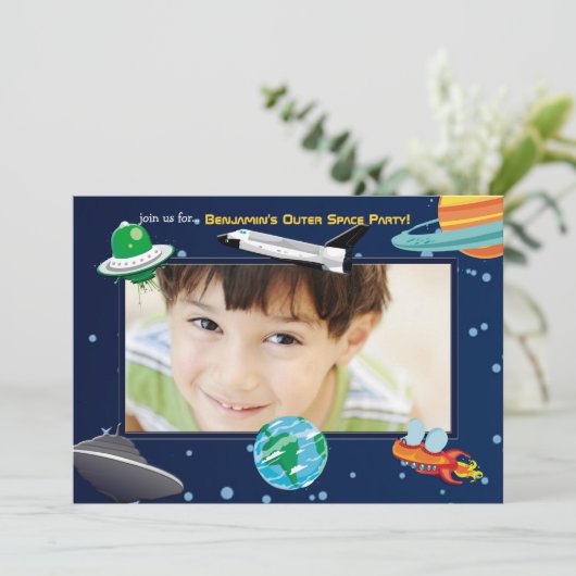 Space Adventure-fotouitnodiging Kaart (Staand voorkant)