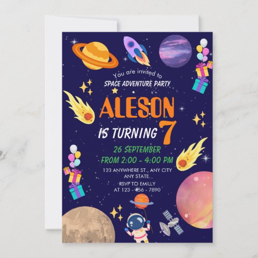 Space Adventure Verjaardag Uitnodiging voor Kids P (Voorkant)