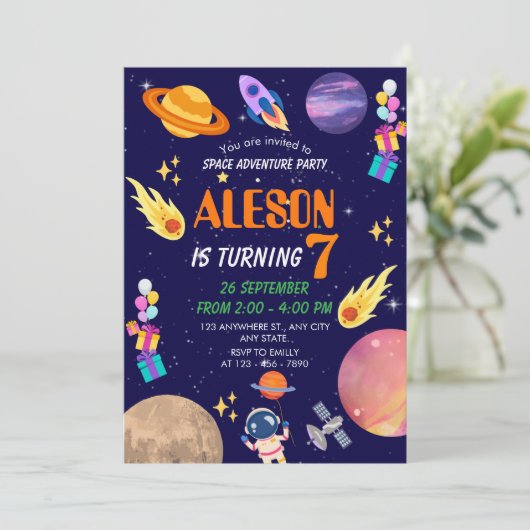Space Adventure Verjaardag Uitnodiging voor Kids P (Staand voorkant)