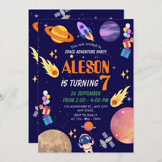 Space Adventure Verjaardag Uitnodiging voor Kids P (Voorkant / Achterkant)