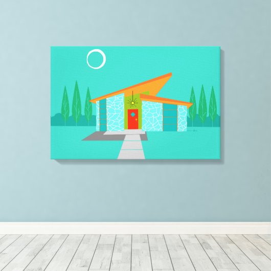 Space Age Cartoon House Uitgerekte Canvas Print (Insitu (Houten vloer))