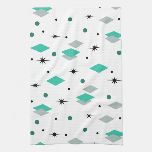 Space Age Diamonds Turquoise White Theedoek (Verticaal)