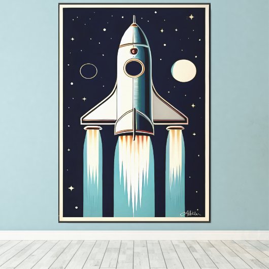 Space Age Retro 50s Rocket Ship Canvas Afdruk (Insitu (Houten vloer))