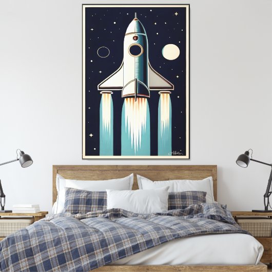 Space Age Retro 50s Rocket Ship Canvas Afdruk (Insitu (Slaapkamer))