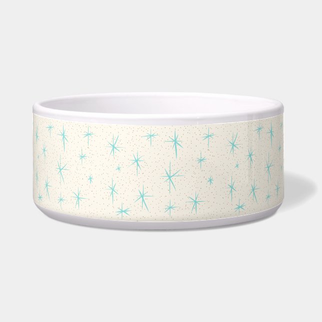 Space Age Turquoise Starburst Ceramic Dog Bowl Voerbakje (Voorkant)