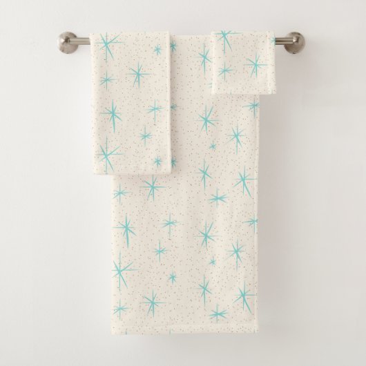 Space Age Turquoise Starburst Towel Set Bad Handdoek (Insitu)
