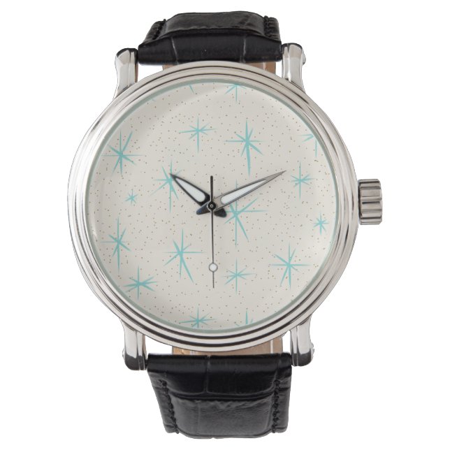 Space Age Turquoise Starbursts Leather Watch Horloge (Voorkant)