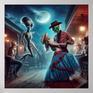 "Space Alien Dancing", "Old West Saloon", Cowgirl Poster