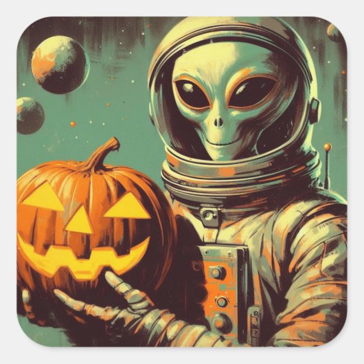 Space Alien en Jack-o'-lantaarn Retro Illustratie Vierkante Sticker (Voorkant)
