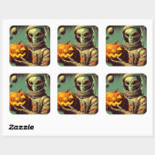 Space Alien en Jack-o'-lantaarn Retro Illustratie Vierkante Sticker (Vel)