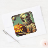 Space Alien en Jack-o'-lantaarn Retro Illustratie Vierkante Sticker (Envelop)
