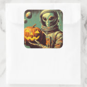 Space Alien en Jack-o'-lantaarn Retro Illustratie Vierkante Sticker (Tas)