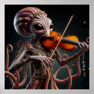 Space Alien Femail Octopus speelt viool Poster