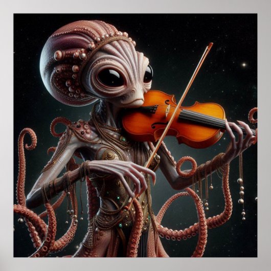 Space Alien Femail Octopus speelt viool Poster (Voorkant)