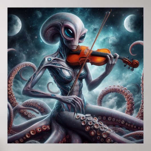 Space Alien Femail Octopus Vioolspeler 03X Poster (Voorkant)