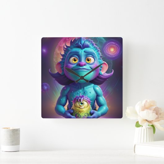 Space Alien & Friend Vierkante Klok (Huis)