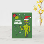 Space Alien in een Santa Hat persoonlijke kerstmis Kaart (Gele Bloem)