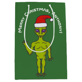 Space Alien in een Santa Hat persoonlijke kerstmis Medium Cadeauzakje