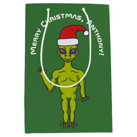 Space Alien in een Santa Hat persoonlijke kerstmis Medium Cadeauzakje (Voorkant)