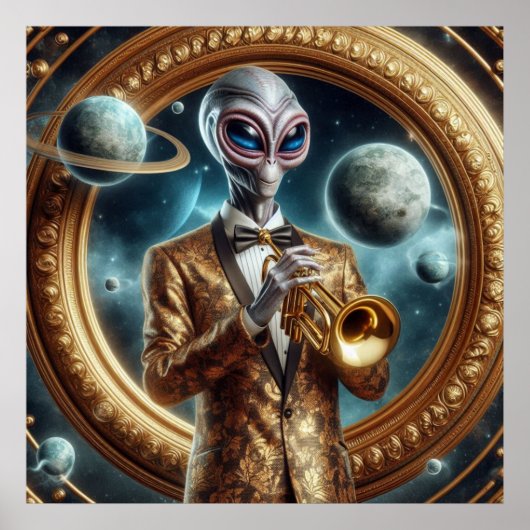 Space Alien Man Spelen Trompet Fancy Jas Poster (Voorkant)