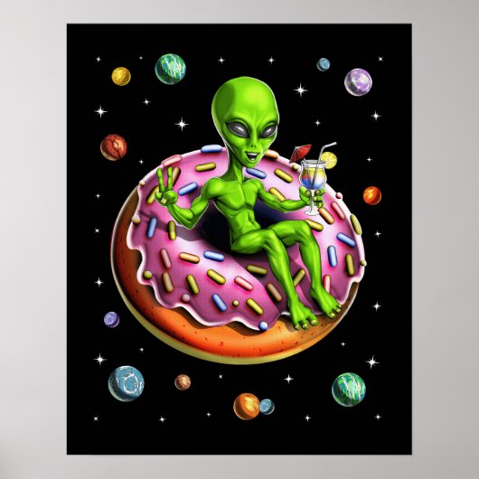 Space Alien Riding Donut Poster (Voorkant)