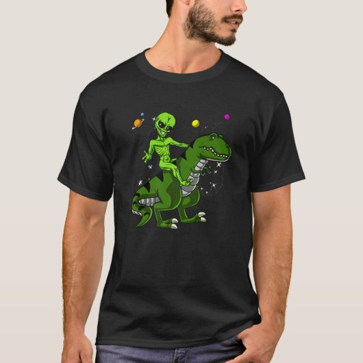 Space Alien Riding Rex Dinosaur Science Fiction Ki T-shirt (Voorkant)
