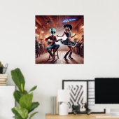 Space Alien speelt gitaar Cowgirl dansen Poster (Thuiskantoor)