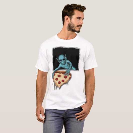 Space Alien steelt een stukje pizza T-shirt (Voorkant volledig)
