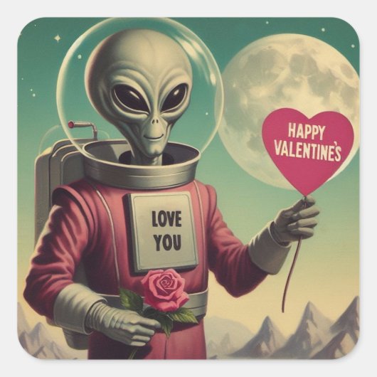 Space Alien Valentijn Sci Fi Romantisch Valentijns Vierkante Sticker (Voorkant)