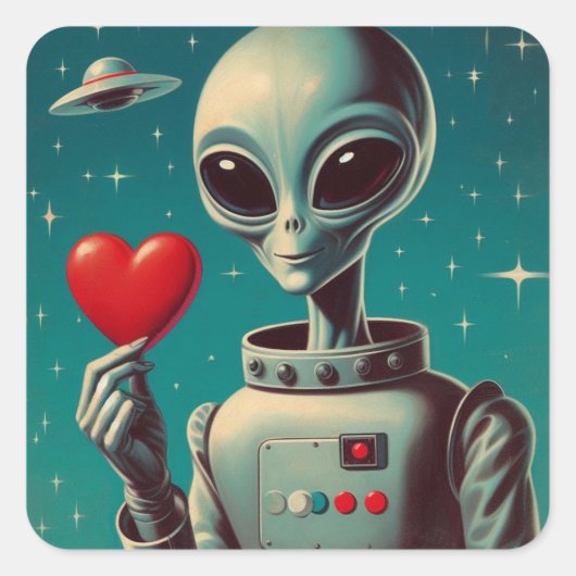 Space Alien Valentijn Sci Fi Romantisch Valentijns Vierkante Sticker (Voorkant)