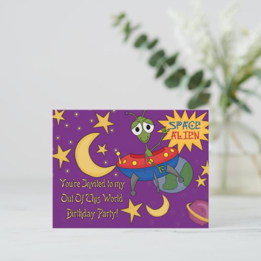 Space Alien Verjaardag Uitnodigingen (Staand voorkant)