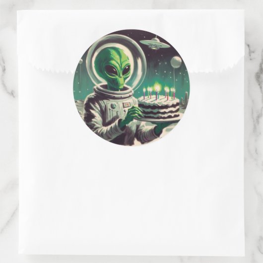 Space Alien with Birthday Cake UFO Flying Saucer  Ronde Sticker (Tas)
