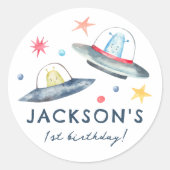 Space Aliens Planeten & Begint 1e Verjaardagsfeest Ronde Sticker (Voorkant)