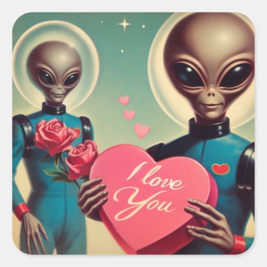 Space Aliens Valentijn Sci Fi Romantisch Valentijn Vierkante Sticker (Voorkant)