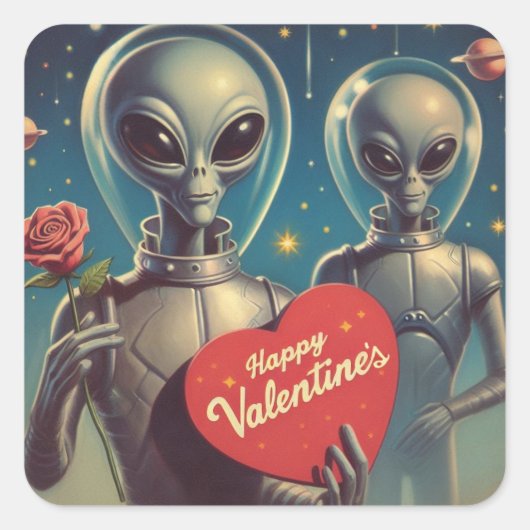 Space Aliens Valentijn Sci Fi Romantisch Valentijn Vierkante Sticker (Voorkant)