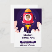Space and Spaceship Photo Kids Birthday Invitation Kaart (Voorkant / Achterkant)