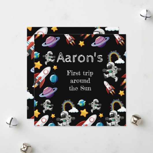 Space Astronaut Black eerste verjaardag Feestdagenkaart (Voorkant / Achterkant in situ)