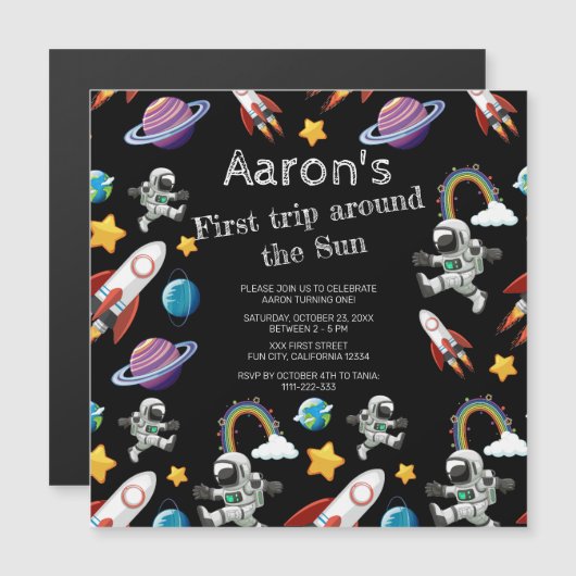 Space Astronaut Black eerste verjaardag Magnetische Uitnodiging (Voorkant / Achterkant)