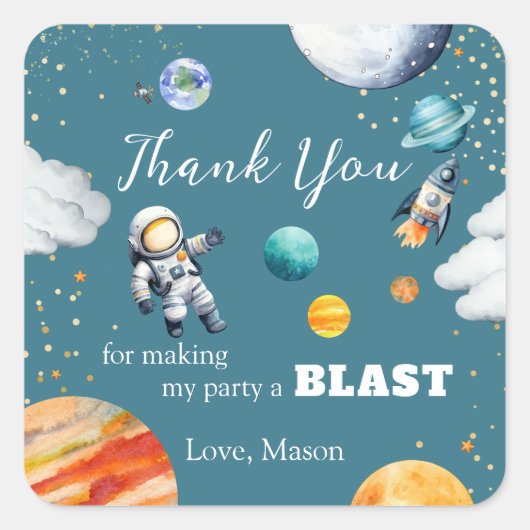Space Astronaut Blast Thank You Party Sticker (Voorkant)