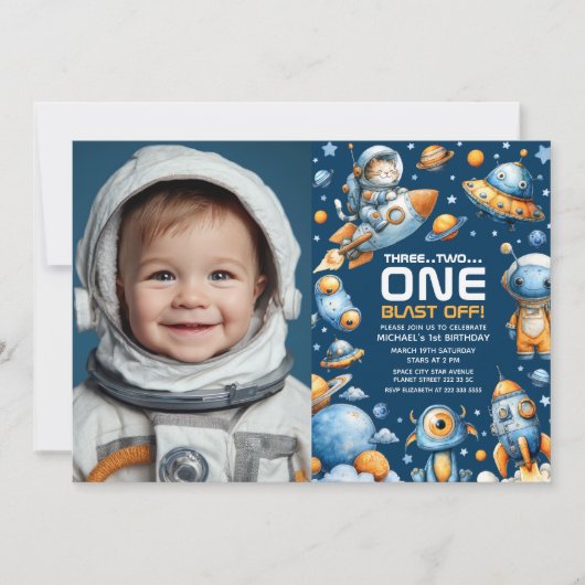 Space Astronaut Cat Blast Off 1st Birthday Photo Kaart (Voorkant)