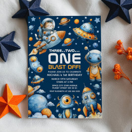 Space Astronaut Cat Blast Off Cosmic 1st Birthday Kaart