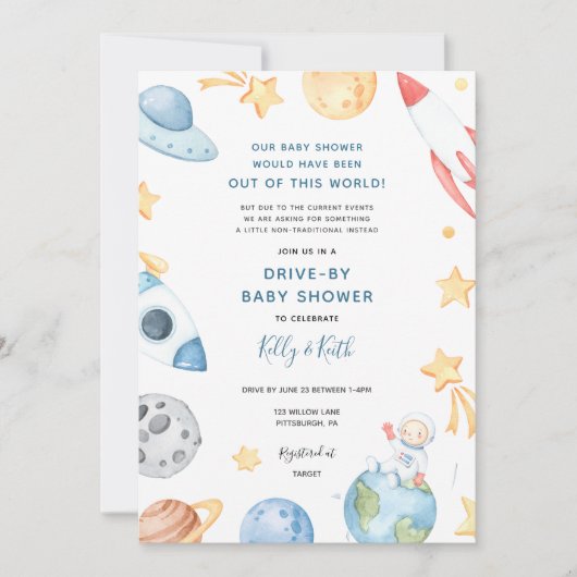 Space Astronaut Drive-By Baby shower Uitnodiging (Voorkant)