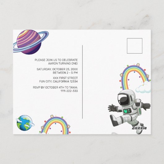 Space Astronaut eerste verjaardagsfeest uitnodigin Briefkaart (Achterkant)