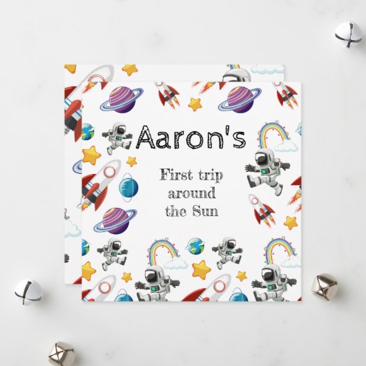 Space Astronaut eerste verjaardagsfeest uitnodigin Feestdagenkaart (Voorkant / Achterkant in situ)