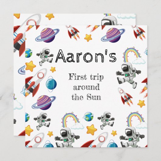 Space Astronaut eerste verjaardagsfeest uitnodigin Feestdagenkaart (Voorkant / Achterkant)